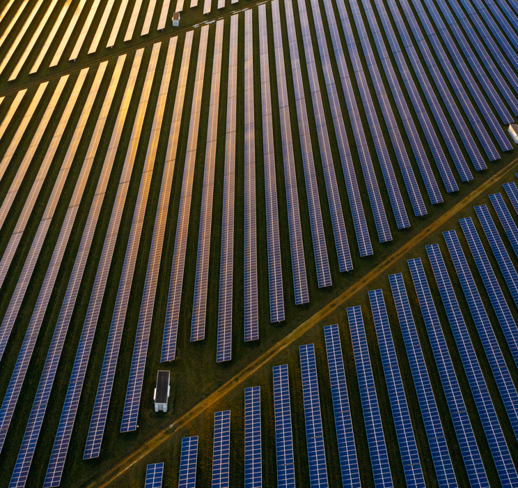 Solar power plants in rows